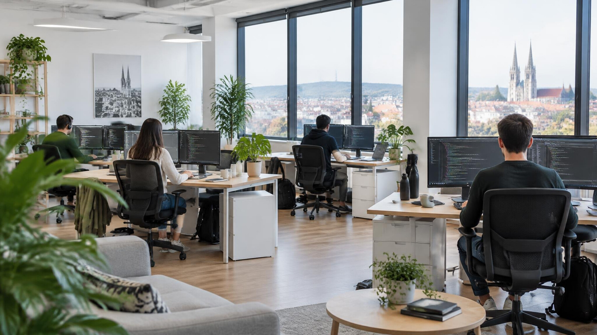 Bright modern open-plan office with developers working at desks with monitors