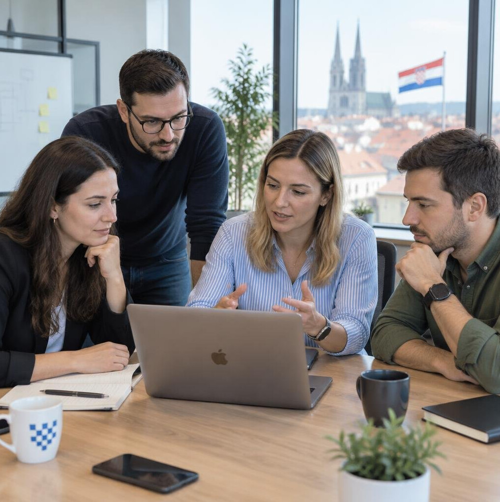 Group of Croatian IT professionals discussing insurance software in a meeting room